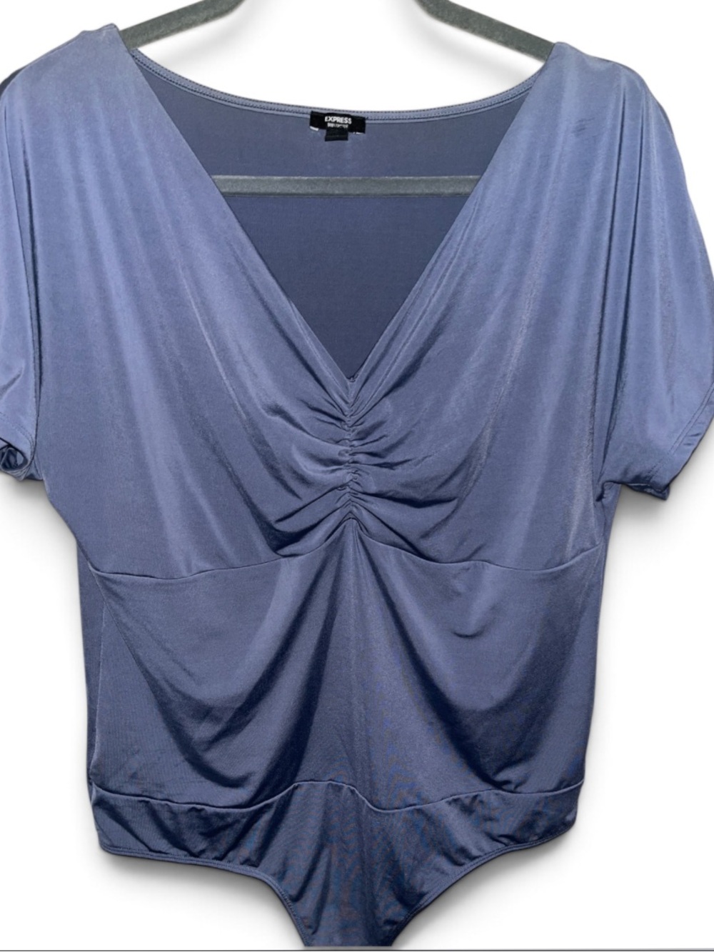 Express Slate Blue V-Neck Ruched Bodysuit